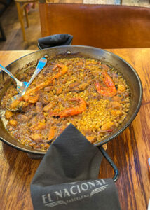 Seafood paella in Barcelona. Seafood restaurant in Barcelona. Food to try in Barcelona.