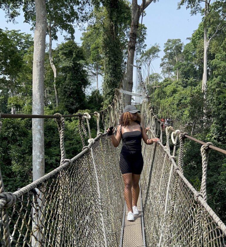 Walking along the treetop canopy walk at Kakum National Park, part of the Accra Itinerary